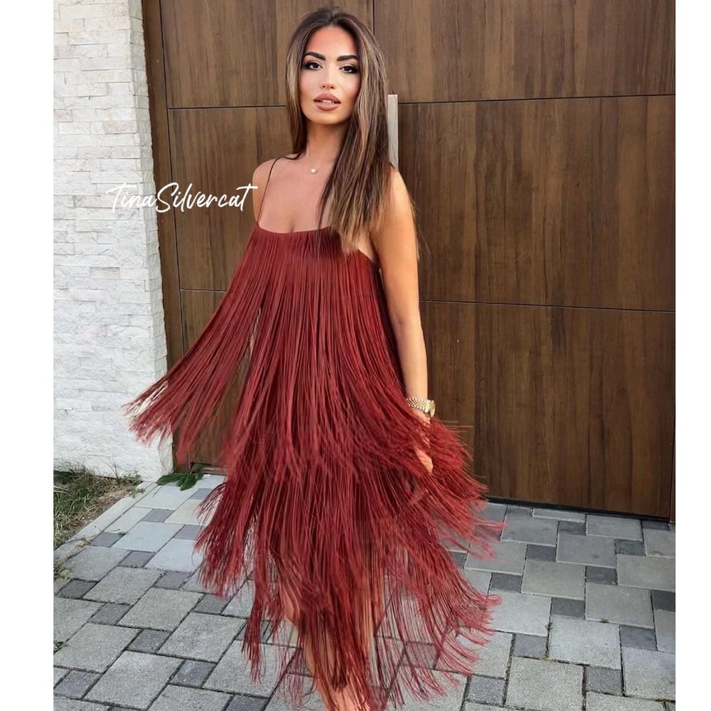 Zara Fringe Midi Cocktail Dress Brown Sz S NWT